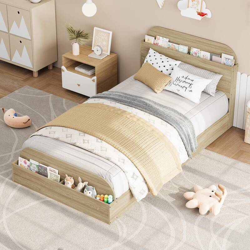 Twin Size Bed Frame, Wooden Beds with Storage Headboard and Raised-Foodboard, Floor Low Platform Bed