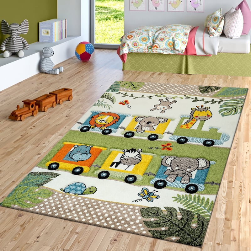 Nursery Rug Cute Jungle Animals Locomotive Kids 3D Effect Green Cream