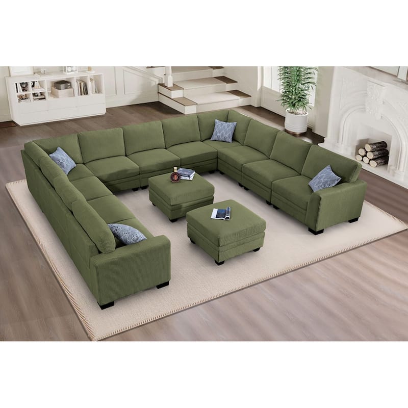13 PC Modular Corduroy Sectional With Ottoman - Olive