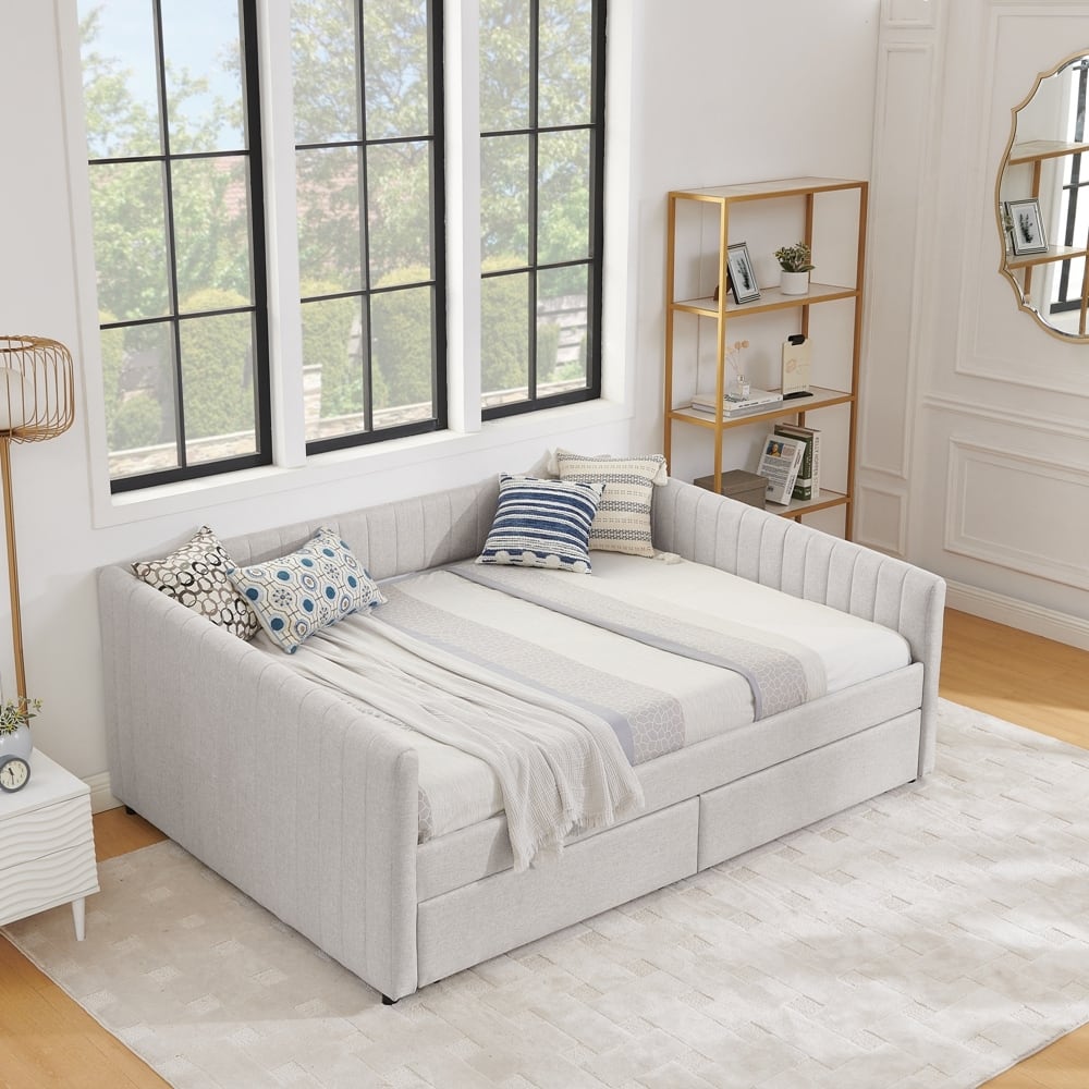 Vertical Stripes Linen Fabric Upholstered Sofa Bed with Two Drawers