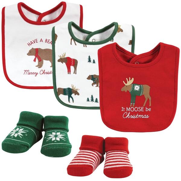 slide 1 of 1, Hudson Baby Unisex Baby Cotton Bib and Sock Set, Moose Be Christmas, One Size - Moose Be Christmas - One Size One Size - Moose Be Christmas
