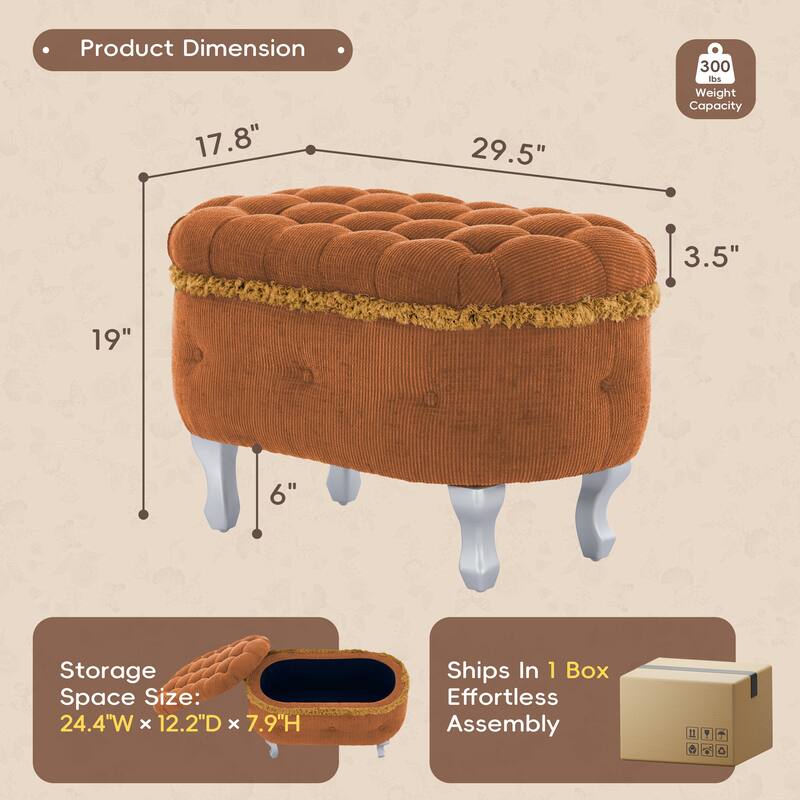 Button-Tufted Storage Bench, Small Upholstered End-of-Bed Ottoman with Fringe, Multi-Use Window & Shoe Cabinet Bench