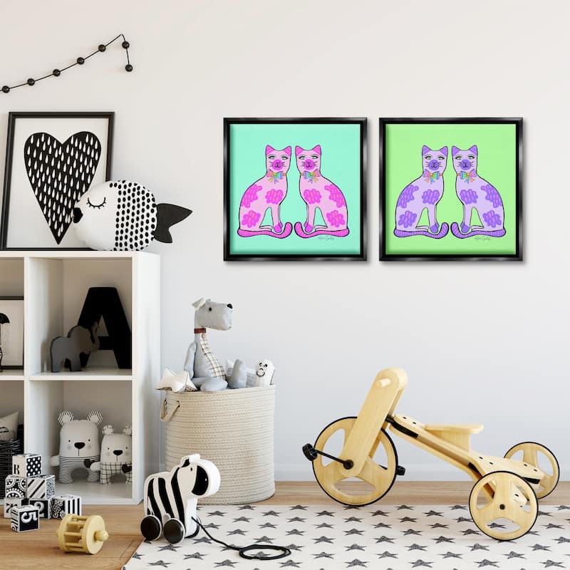 Stupell Bright Purple Cat Pairs Framed Floater Canvas Wall Art Design By Katie Conley (Set of 2)