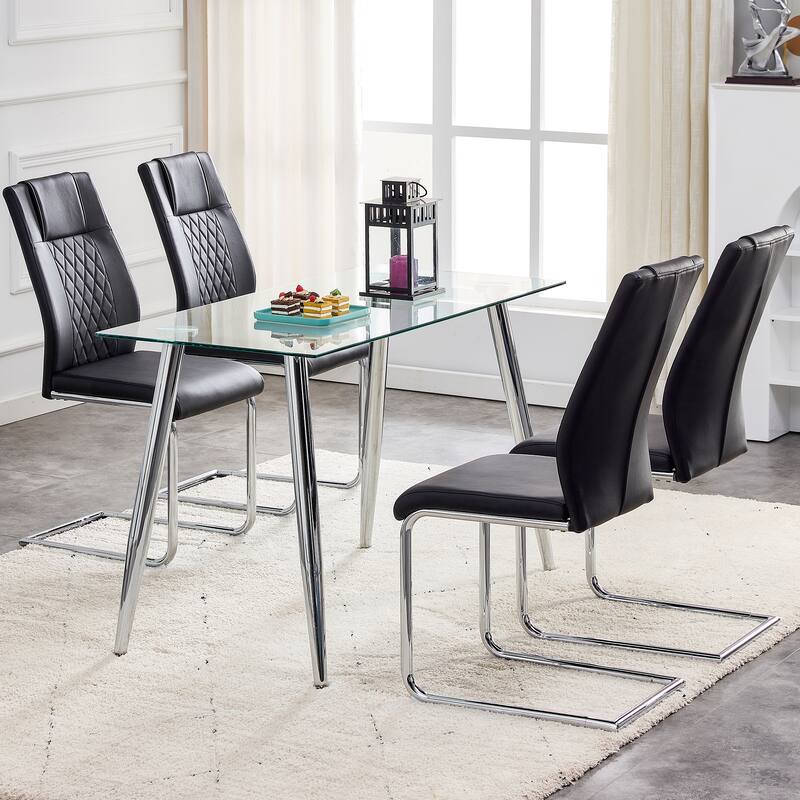 Faux Leather Dining Room Chairs with Upholstered Seat, Modern Kicthen Chairs Armless Accent Chairs with Metal Legs, Set of 4