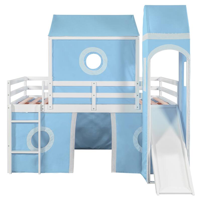 Full Size Loft Bed with Slide, Pink Tent, and Tower in Blue - Durable Pinewood Construction
