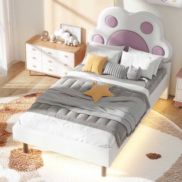 slide 2 of 11, Twin Pink Upholstered Platform Bed wPaw Shaped Headboard, LED Light White+Pink - Twin