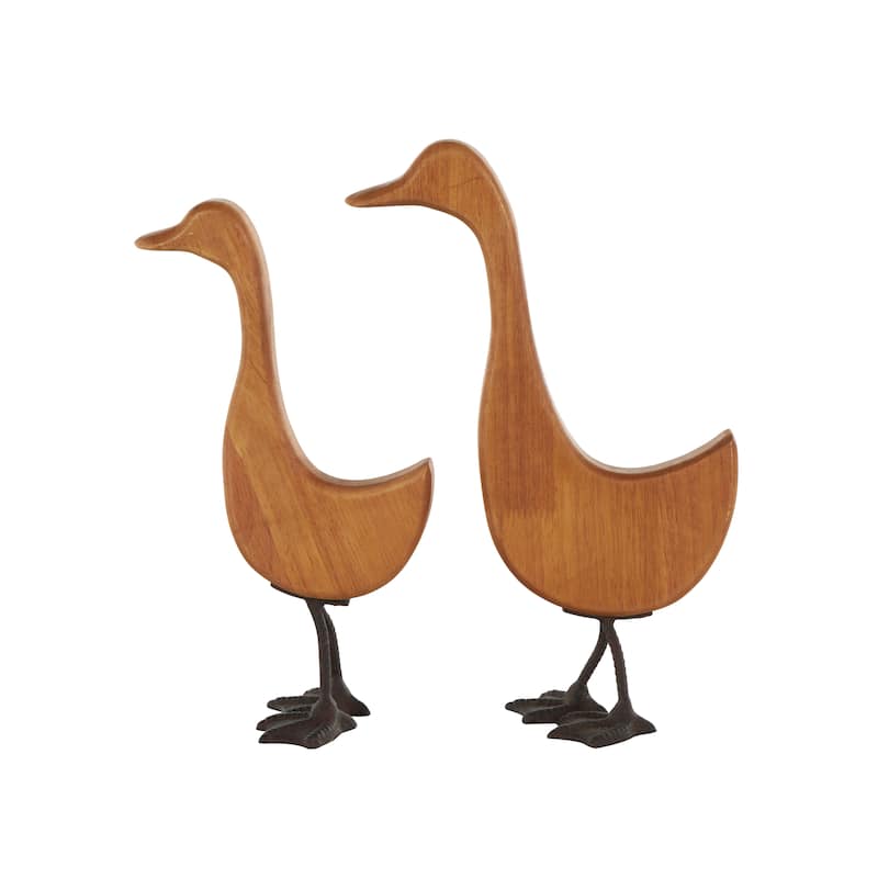 Brown Wood Abstract Minimalistic Duck Decorative Garden Sculpture with Black Metal Feet (Set of 2)
