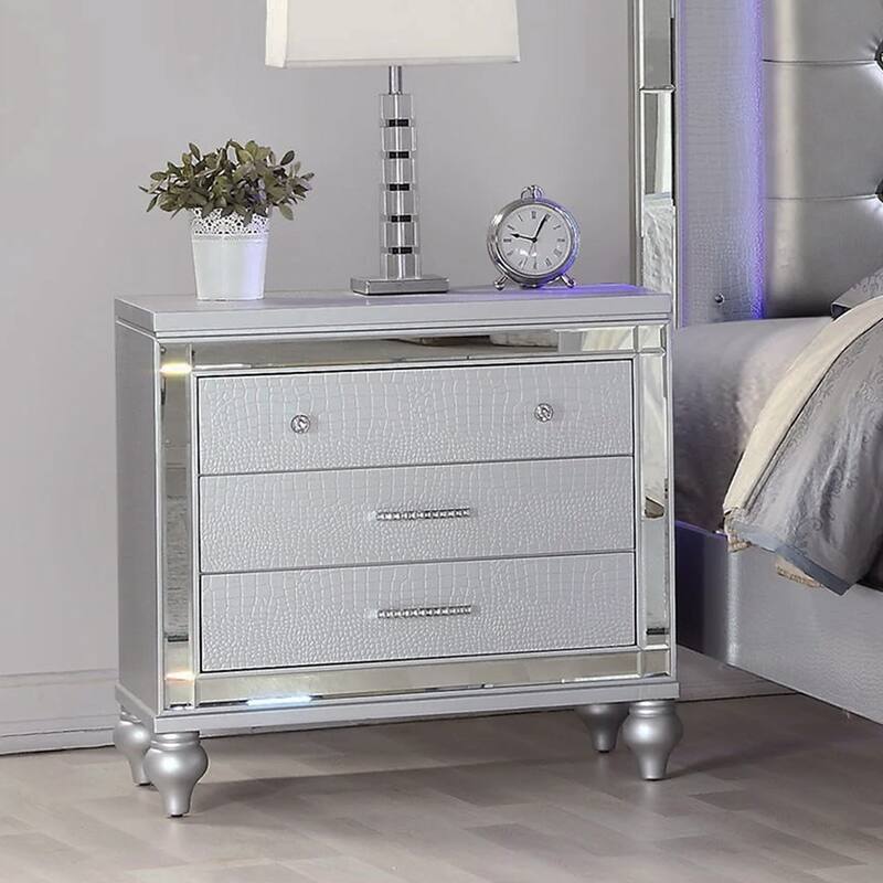 2 Drawers Wooden Nightstand with Built-In Wireless Charging in Silver