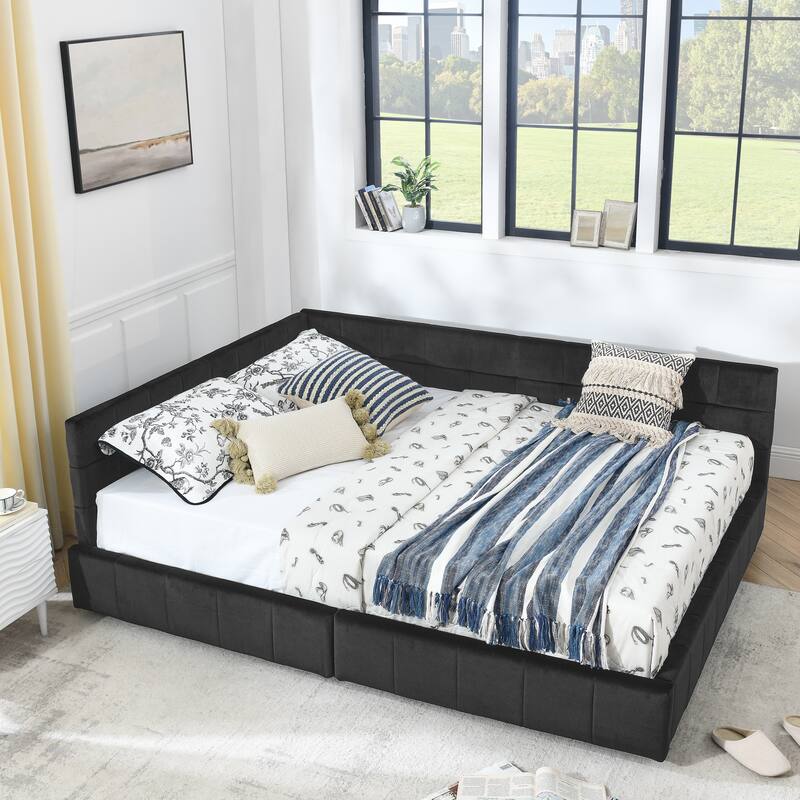 L-shaped Velvet Upholstered Daybed Tufted Sofa Bed with Soft Backrest Armrests - and Optional Corner Storage Day Bed