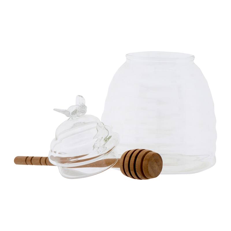 Clear Honey Pot with Lid & Bamboo Dipper (Set of 2 Pieces)