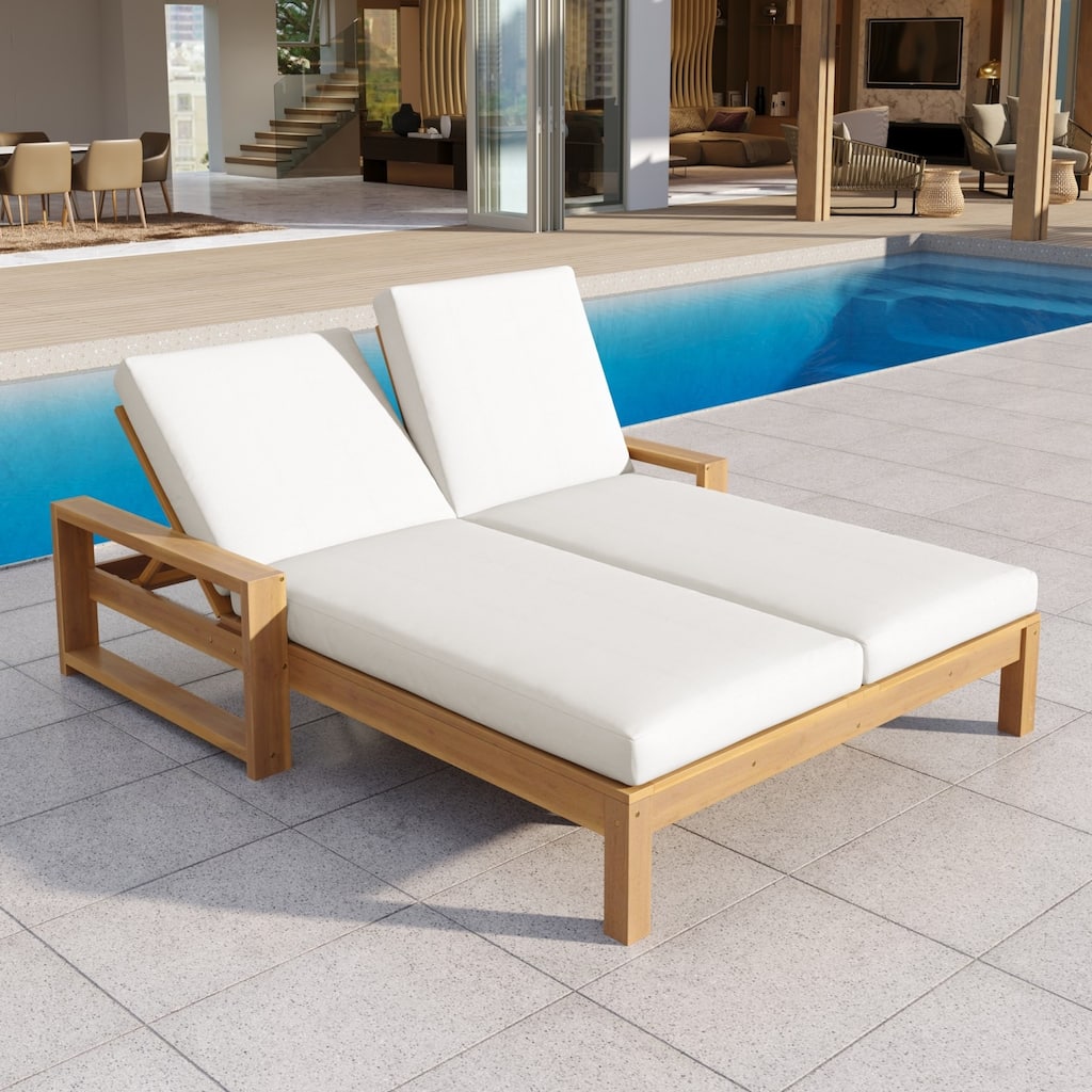 Outdoor Double Chaise Lounge with Cushions and 5-Position Adjustable Backrest