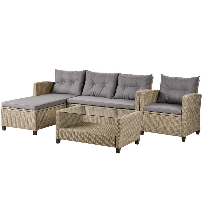 Outdoor Patio Ratten Sectional Sofa Set with Floating Glass Surface