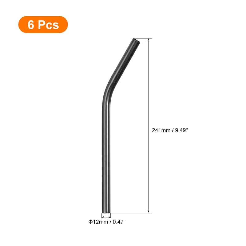 6Pcs Reusable Metal Straws, 9.5" Stainless Steel, 0.5" Wide, Bent - Black