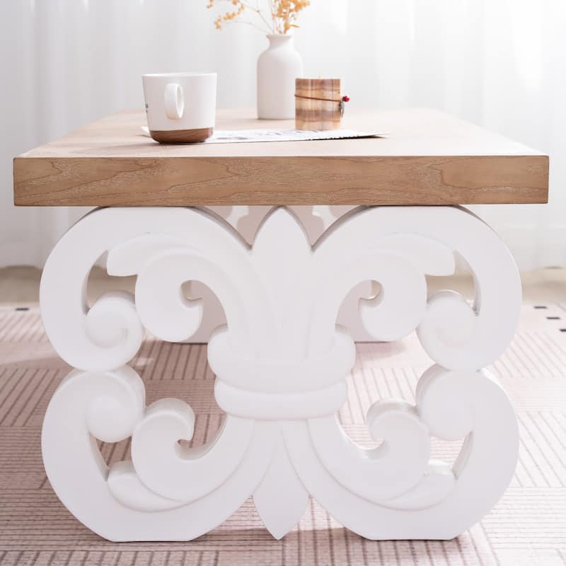 Ornate Rectangular Coffee Table with Carved Base and Natural Wood Top
