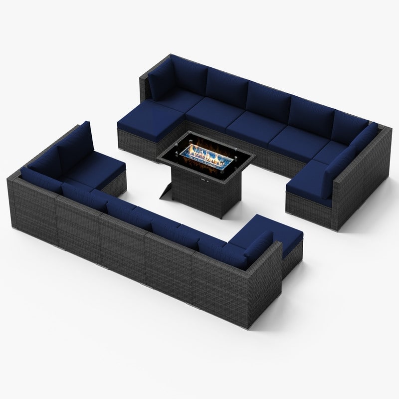 FINCATI 15-Piece Grey Wicker Patio Conversation Sofa Set with Ottomans, 43″ Fire Pit Table - Navy Blue