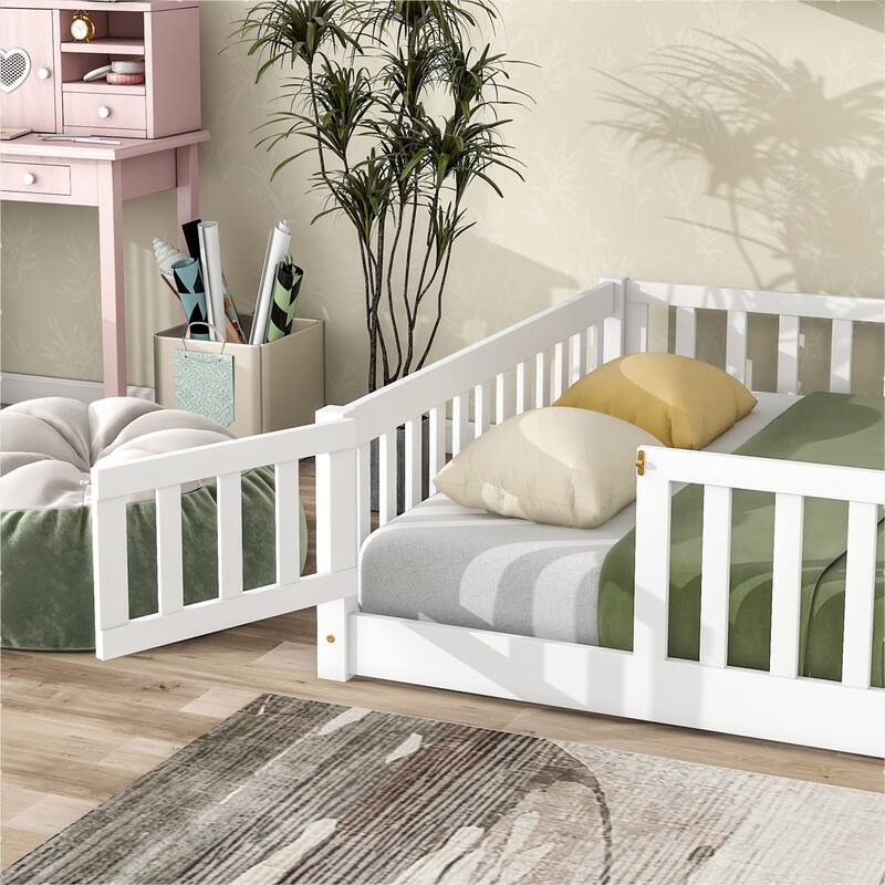 Floor Platform Bed with Fence Guardrails and Door