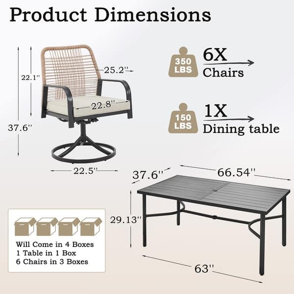dimension image slide 3 of 5, Versatile Outdoor Dining Sets w Swivel/Folding Chairs & Steel Slat Table and HDPE Dining Table Set for Gardens, Patios