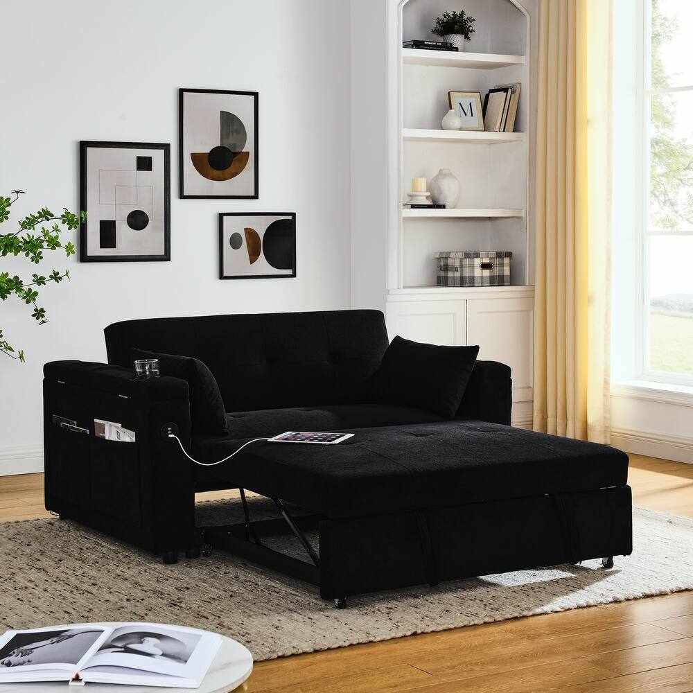 Black 54'' Double-Seater Fabric Sofa: Pull-Out Bed, Armrest Storage, and USB Charging Port