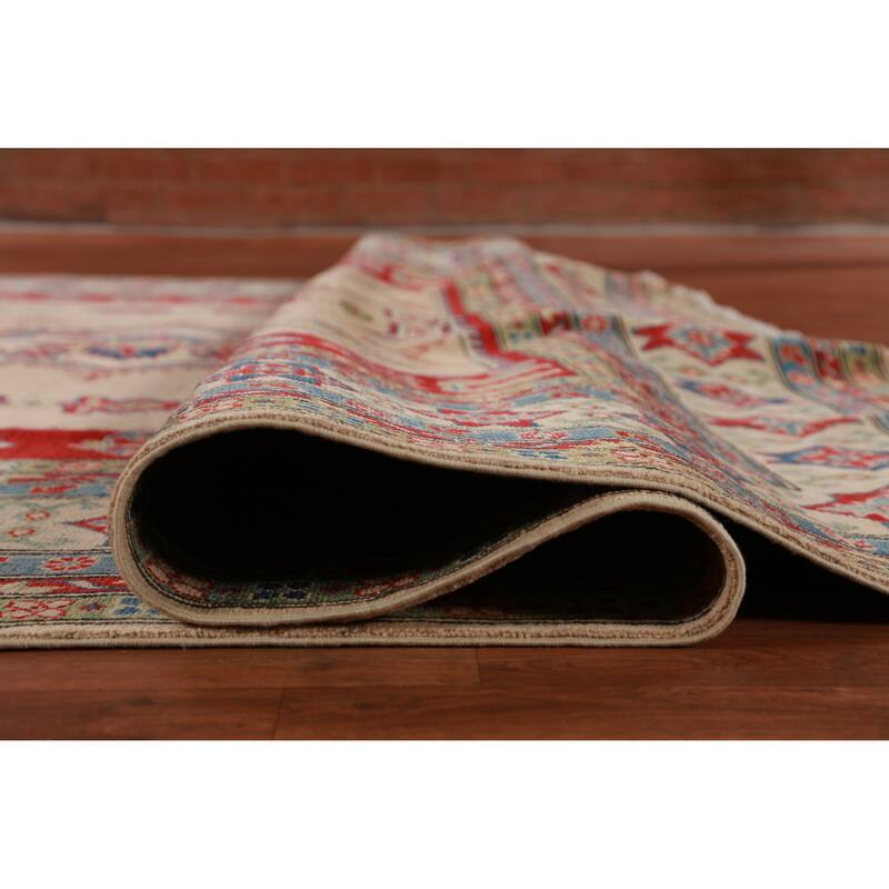 Hand Knotted Oriental 100% Wool Carpet Traditional Geometric Beige & Ivories Kazak Area Rug - 12' 3'' X 9' 0''