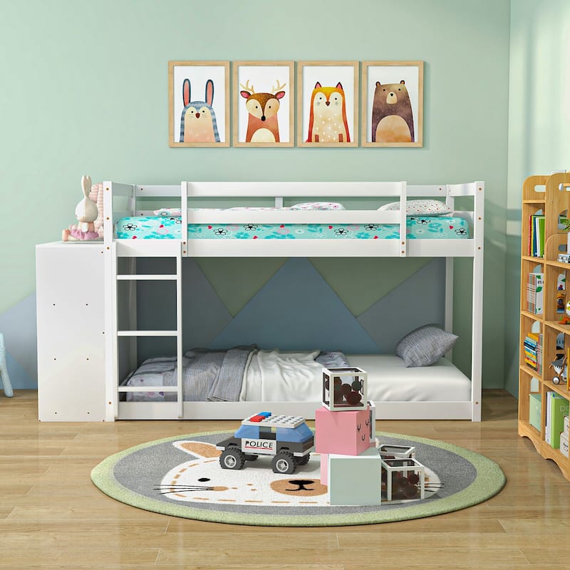 Gymax Twin Over Twin Bunk Bed Wood Frame Storage Shelves Ladder