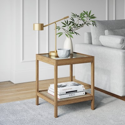 Nathan James Hayes Nightstand, Light Brown Finish, Glass Top