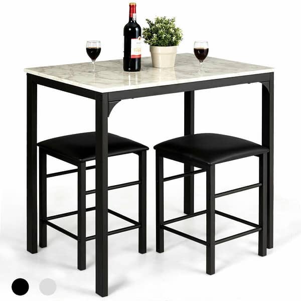 slide 1 of 27, 3 Piece Counter Height Dining Set Faux Marble Table 2 Chairs Kitchen