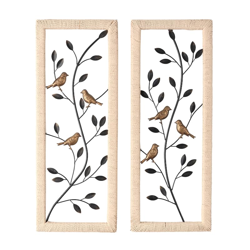 Metal Leaf Wall Decor with Cream Rattan Frame and Bronze Bird Accents - Set of 2 Black - Roche River Decor