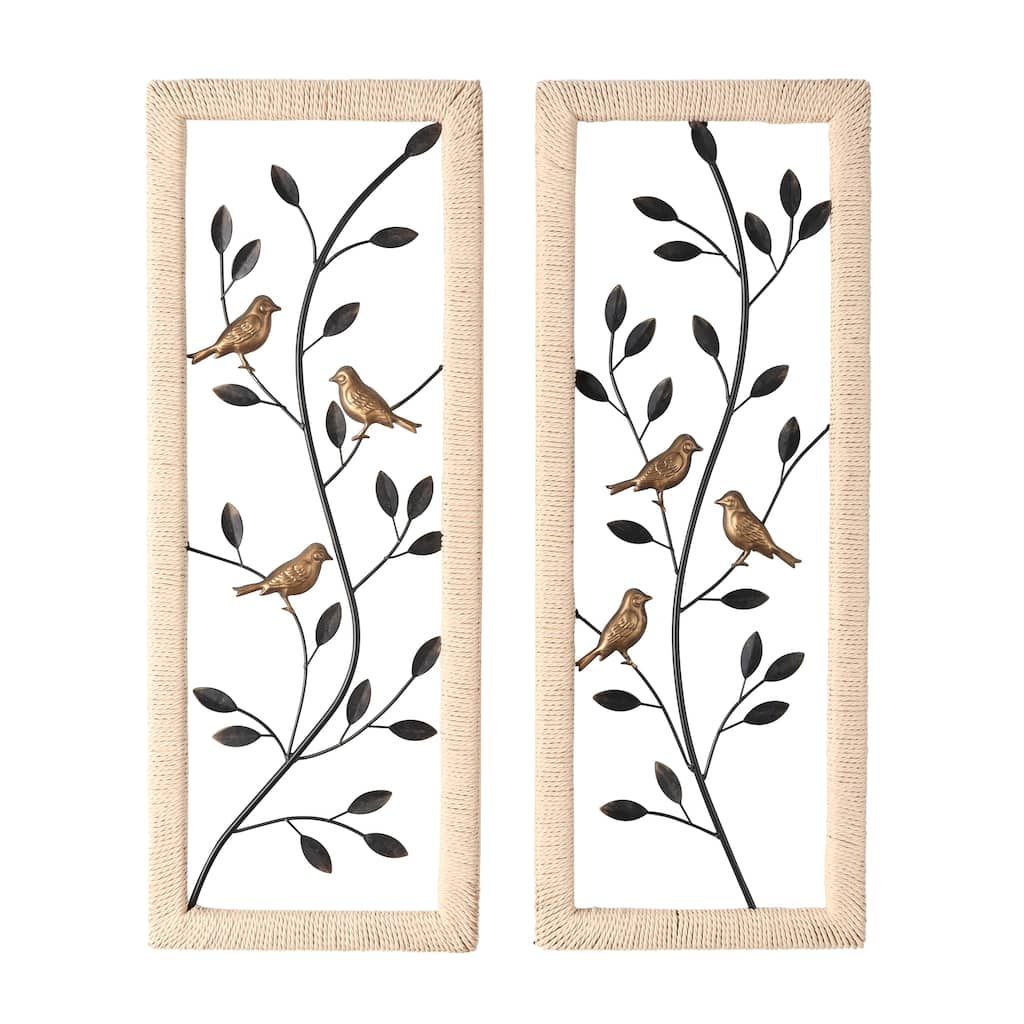 Metal Leaf Wall Decor with Cream Rattan Frame and Bronze Bird Accents - Set of 2 Black - Roche River Decor