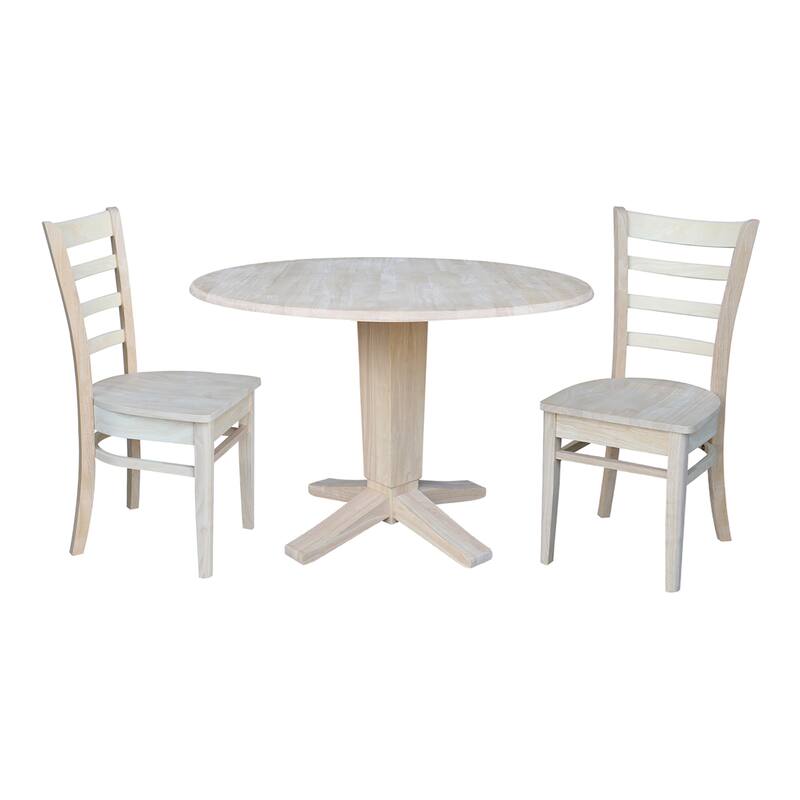 42 in Solid Wood Round Drop Leaf Pedestal Table with Dining Chairs in Unfinished - 3-Piece