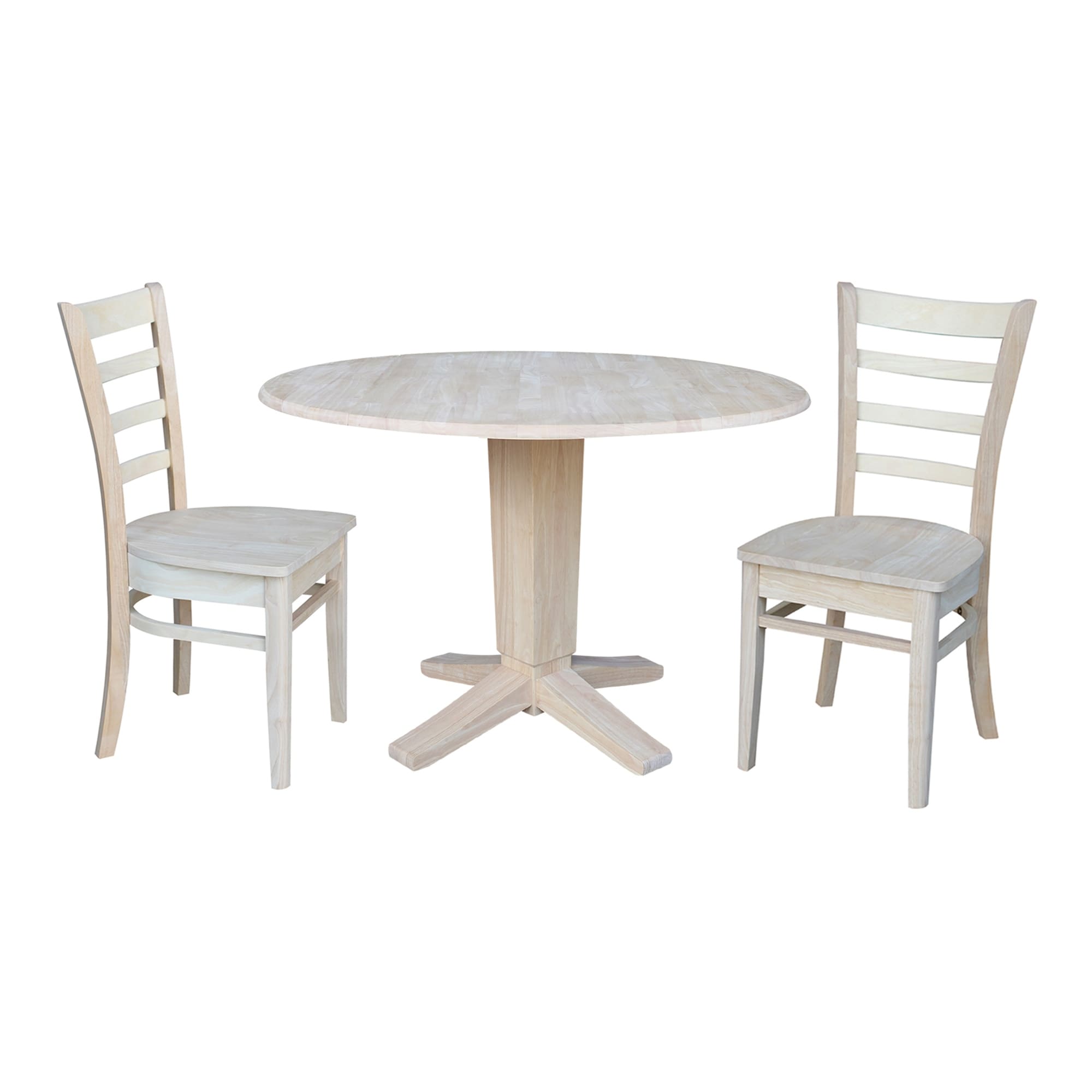 42 in Solid Wood Round Drop Leaf Pedestal Table with Dining Chairs in Unfinished