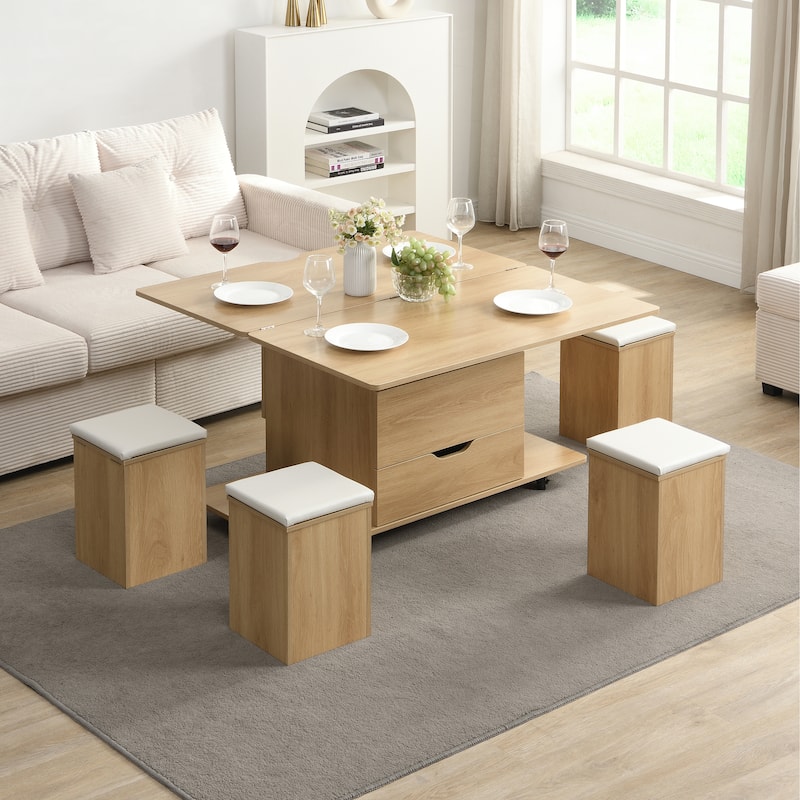 Lift-Top Coffee Table with Hidden Storage & 4 Stools - Multi-Functional Modern Center Table with Casters