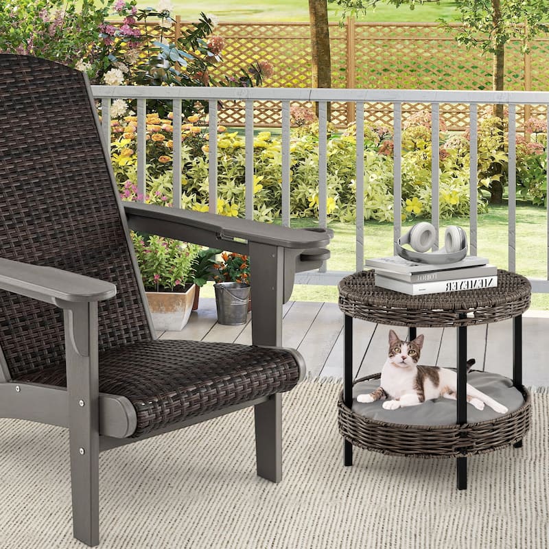 2-Layer Grey Rattan Cat Bed, Indoor Outdoor Pet Nest with Comfortable Washable Cushion - 15" x 15"