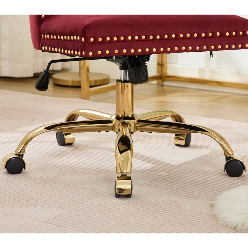 Velvet Swivel Office Chair with Wheels, Tufted Button Home Office Chair, Adjustable Vanity Chair with Metal Base