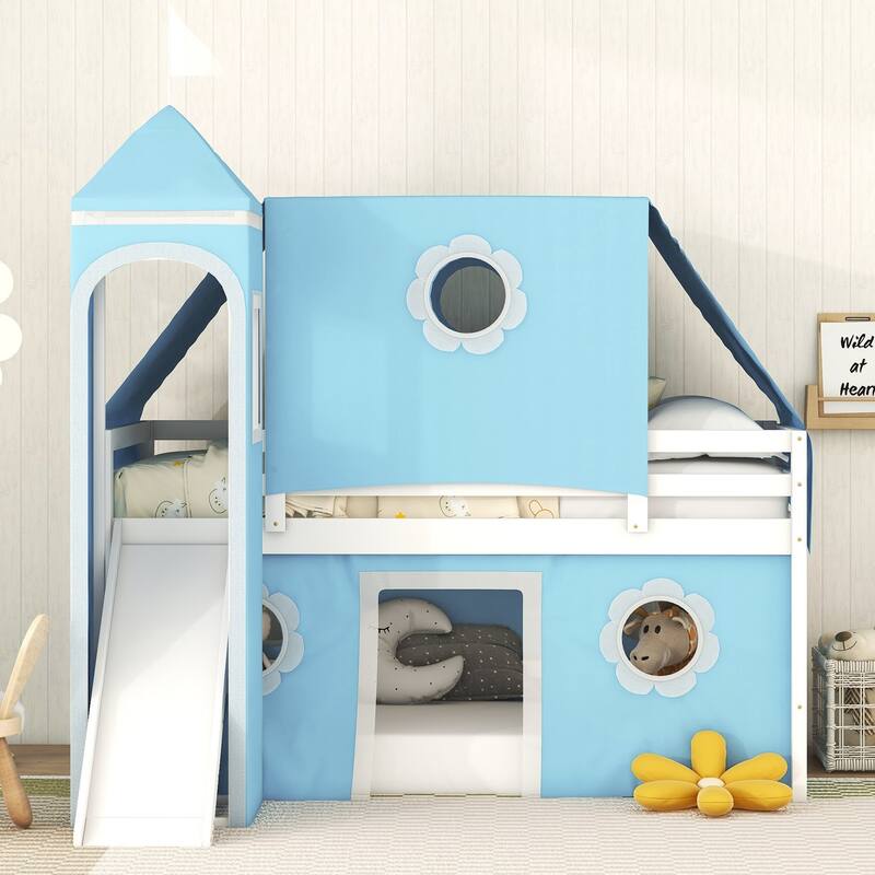 Roomfitters Full Size Loft Bed with Slide, Pink Tent and Tower Playhouse Design - Blue - Twin