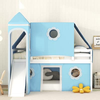 Twin Playhouse Loft Bed with Bed Tent and Semi-enclosed Underbed Space