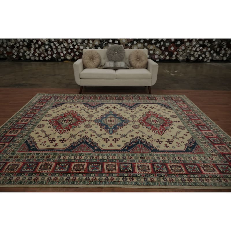Hand Knotted Oriental 100% Wool Carpet Traditional Geometric Beige & Ivories Kazak Area Rug - 9' 10'' X 8' 4''