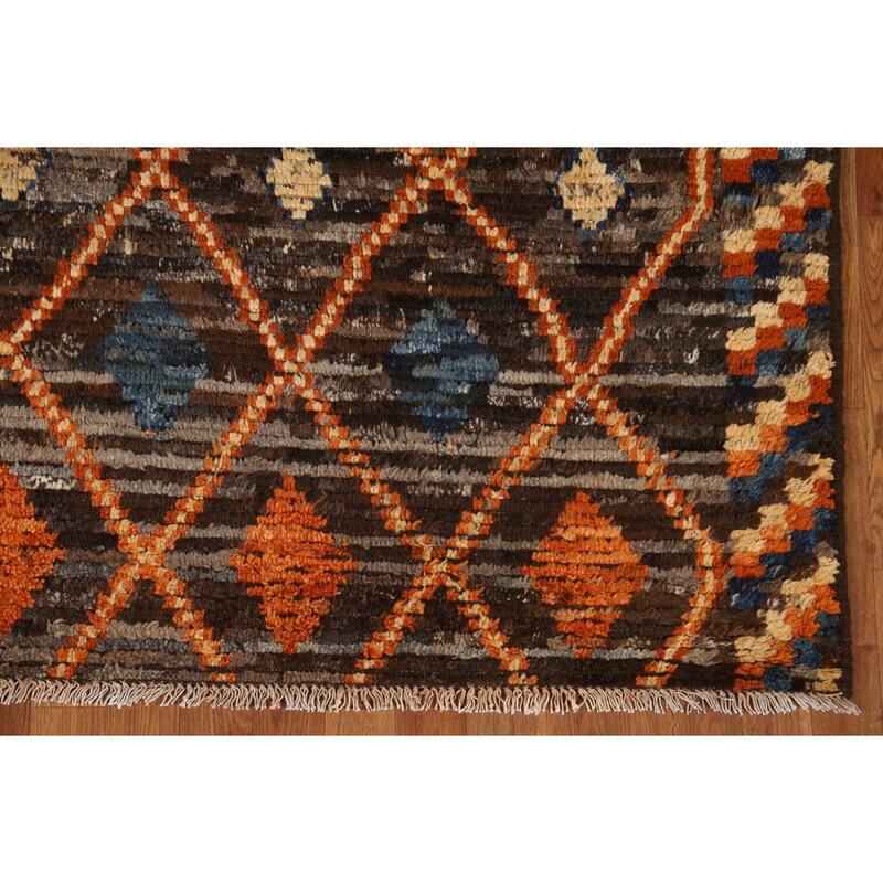 Hand Knotted Oriental 100% Wool Carpet Modern Tribal Brown Moroccan Area Rug - 9' 9'' X 6' 9''