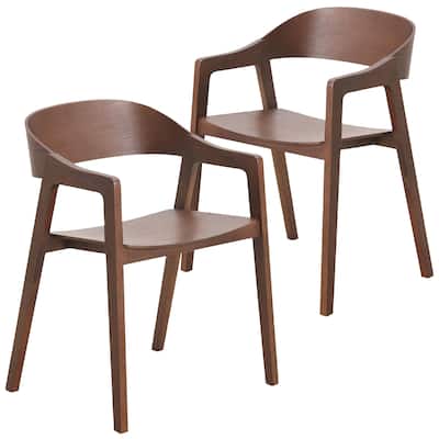 Dining Chair in Oak Wood with Open Back Design and Armrests Set of 2 Rivo Series
