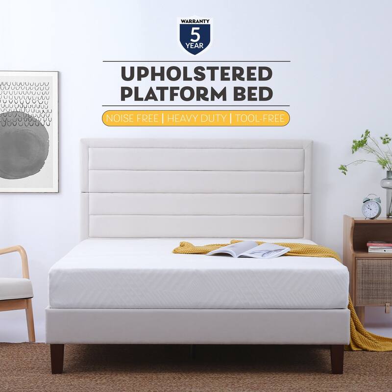 Full Size Upholstered Platform Bed Frame / Mattress Foundation / Wood Slat Support / No Box Spring Needed / Easy Assembly
