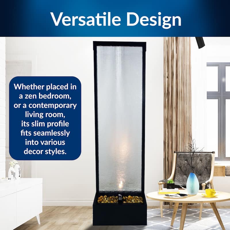 Alpine Corporation MLT170L 72" Waterfall Fountain with LED Light Cascading Textured Glass & Aluminum Floor Design, Indoor, Black