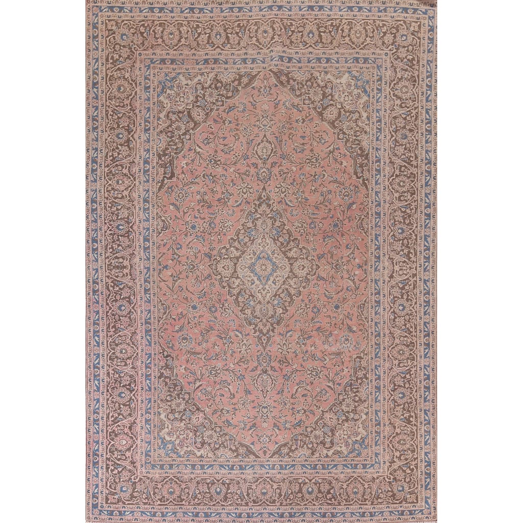 Traditional Pink Mashad Persian Vintage Area Rug Handmade Wool Carpet - 9'7"x 13'1"