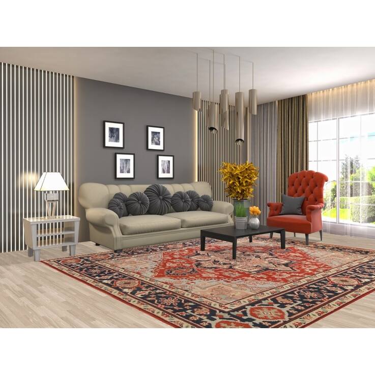 Hand Knotted Oriental 100% Wool Carpet Traditional Medallion Oranges & Rust Heriz (serapi) Area Rug - 9' 9'' X 8' 0''