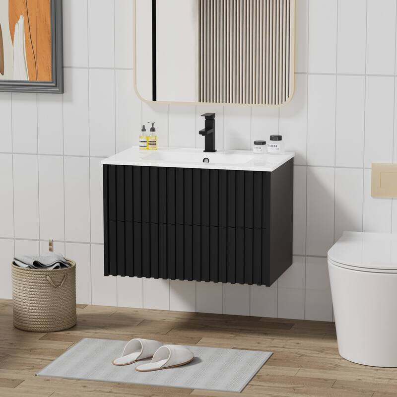 Wall Mounted Bathroom Vanity Set Mid-Century Storage Cabinet with Ceramic Sink