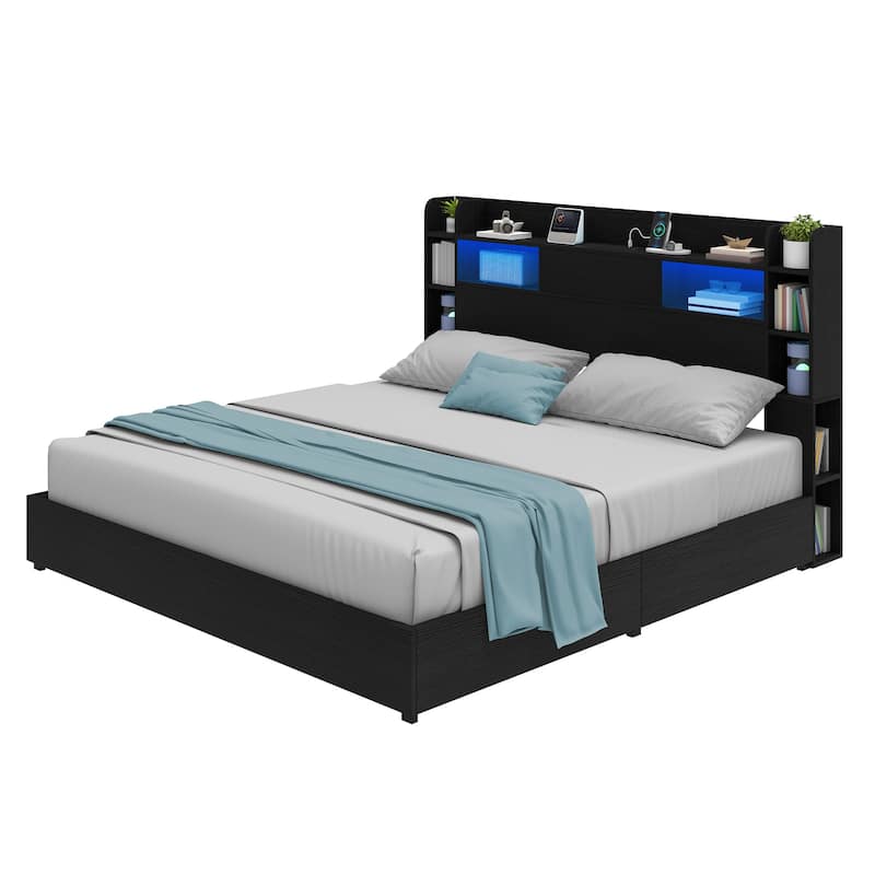 Queen/King Size LED Bed Frame with Bookcase Headboard, 4 Storage Drawers and Charging Station