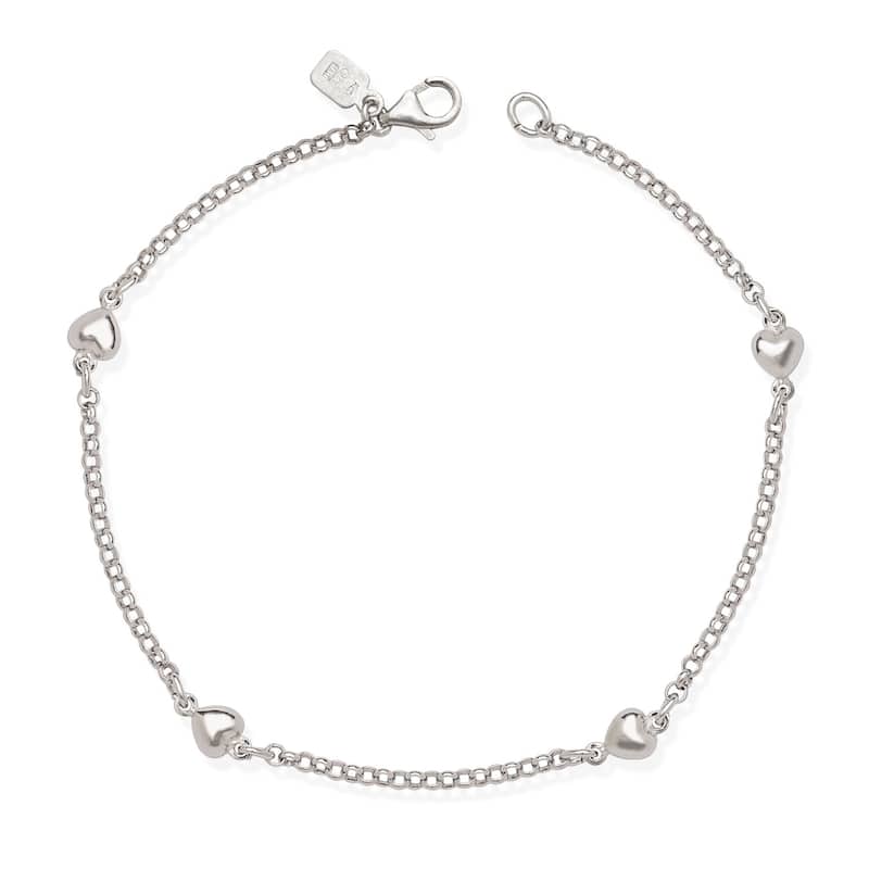 Sterling Silver 9-inch Polished Heart Charm Station Rolo Anklet - White
