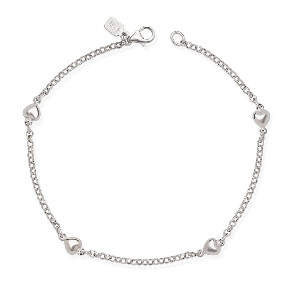 Sterling Silver 9-inch Polished Heart Charm Station Rolo Anklet - White