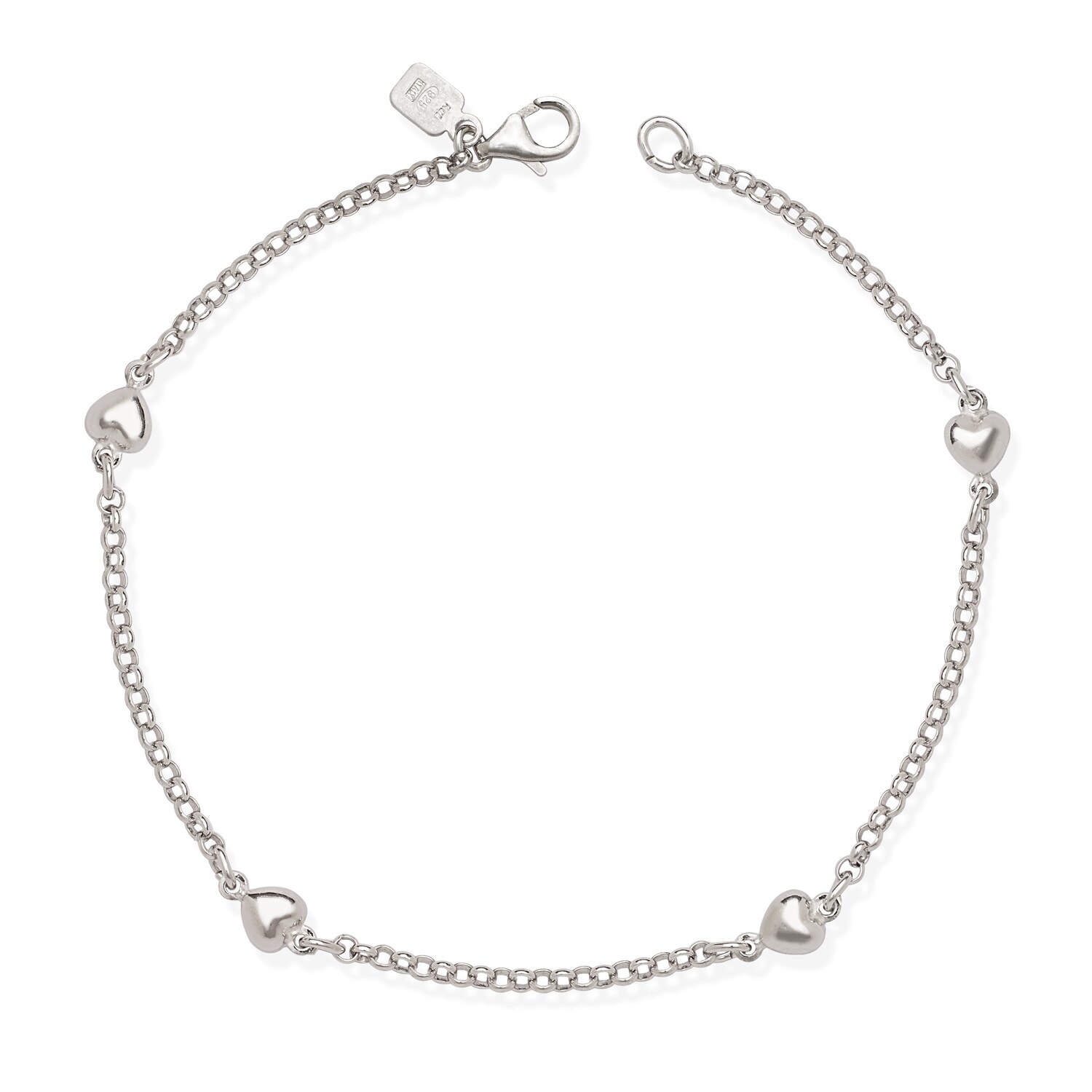 Curata Sterling Silver 9-inch Polished Heart Charm Station Rolo Anklet - White
