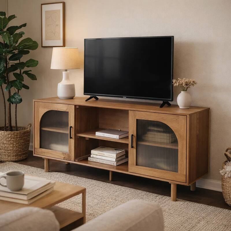64 Inch James TV Stand Console, 2 Arch Glass Door Cabinets & Shelves, Walnut Brown Mango Wood