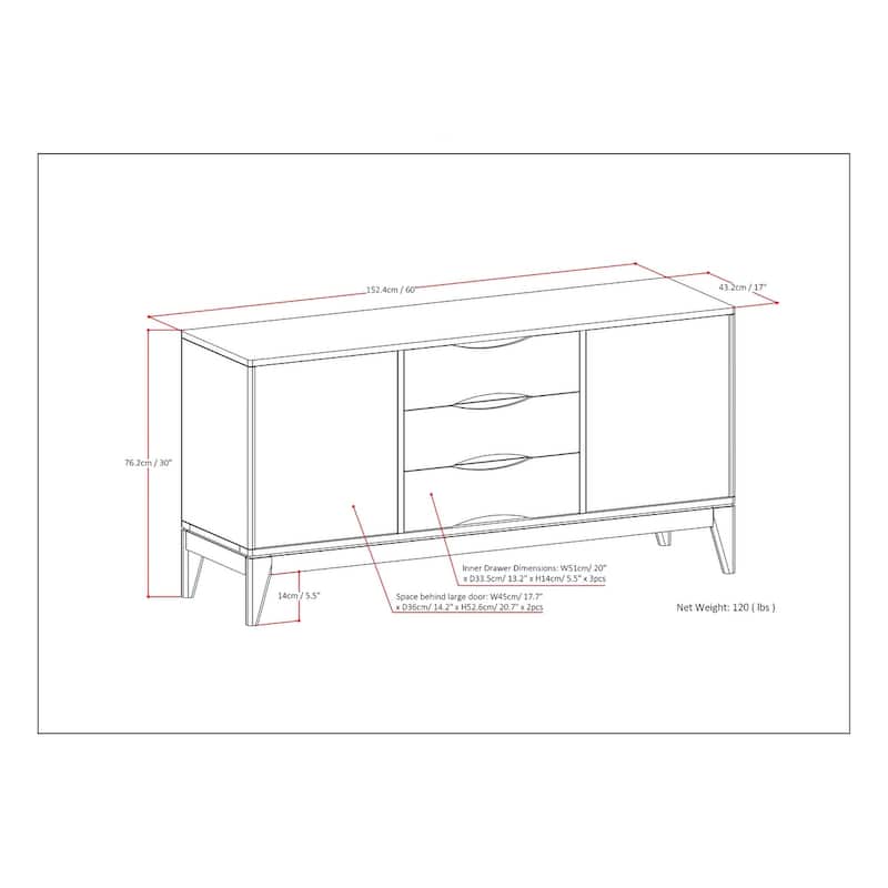 WYNDENHALL Pearson SOLID HARDWOOD 60 inch Wide Mid Century Design Sideboard Buffet - 17"d x 60"w x 30"h