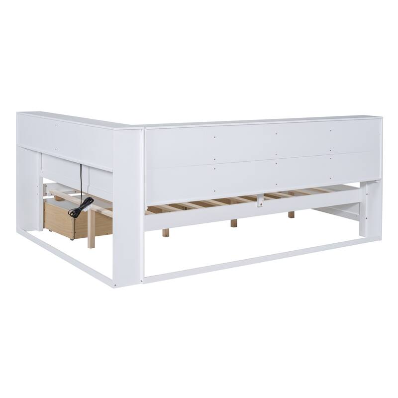 USB Ports on L-Shape Storage Headboard Bed Frame, Wooden DayBed Sofa Bed, Wooden Slat Platform Bed with 2 Drawers